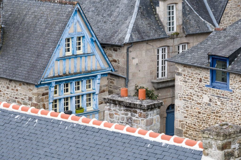 View of traditional stone and timber houses in Brittany, France.