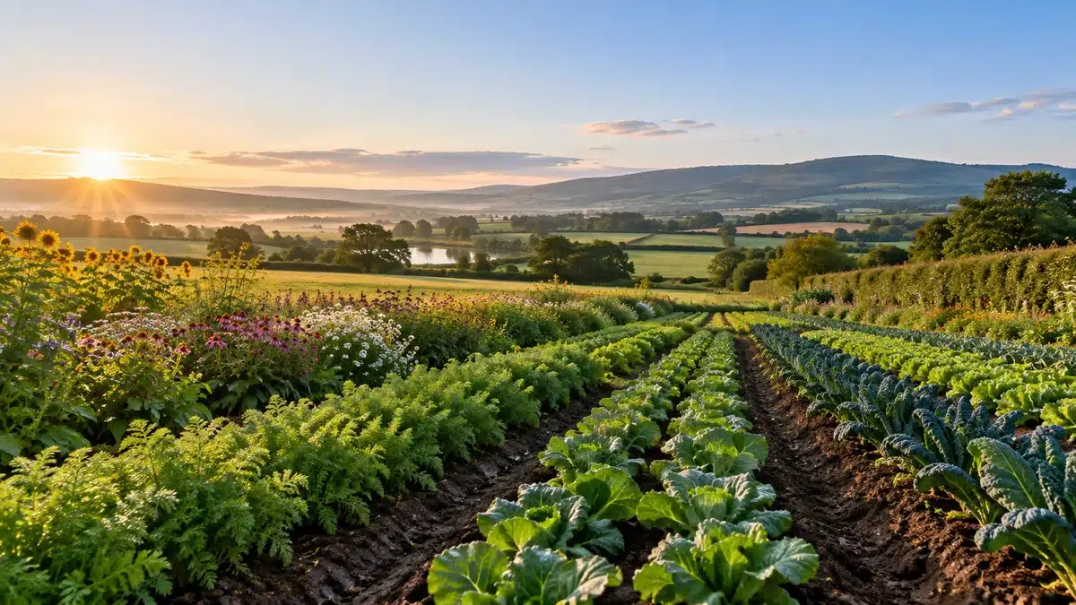 Parcelles agricoles diversifiées avec haies et bandes fleuries