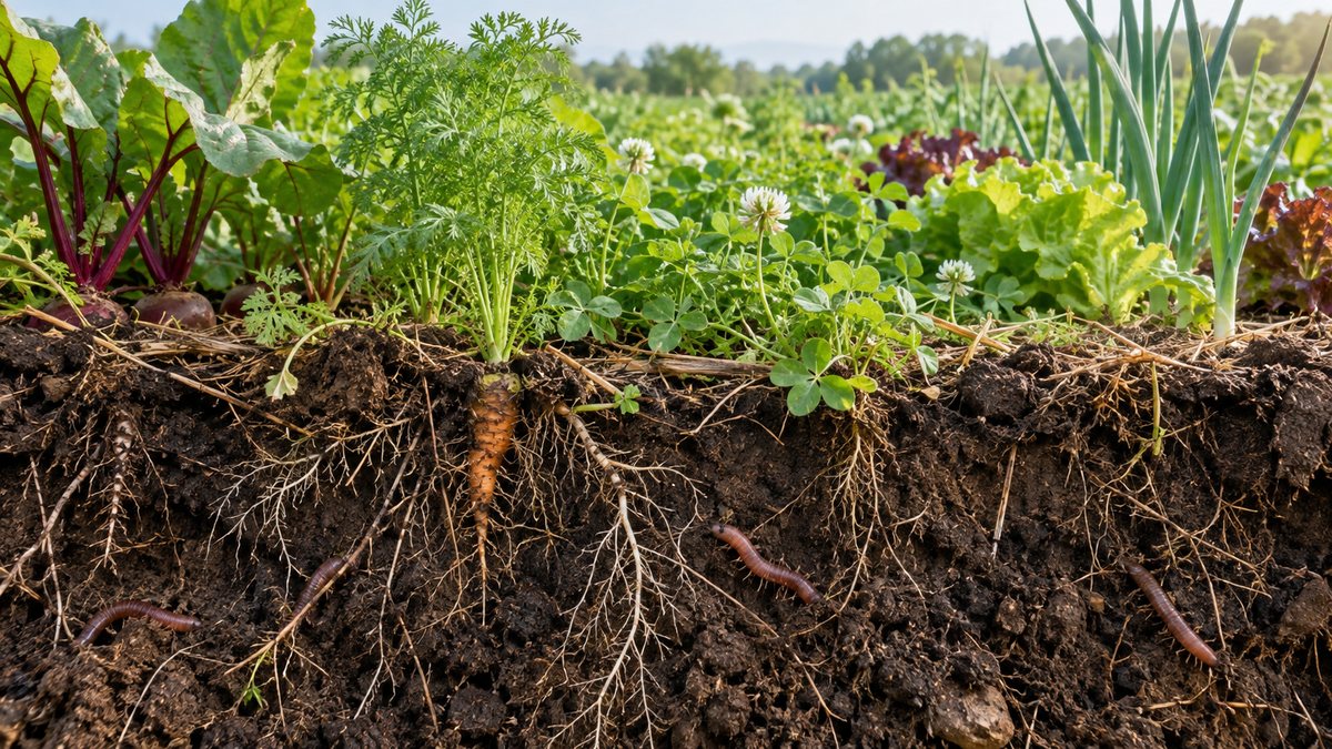 Sol vivant avec racines et cultures diversifiées en agroécologie