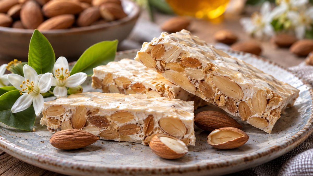 Tranches de touron espagnol révélant leur texture aux amandes et au miel