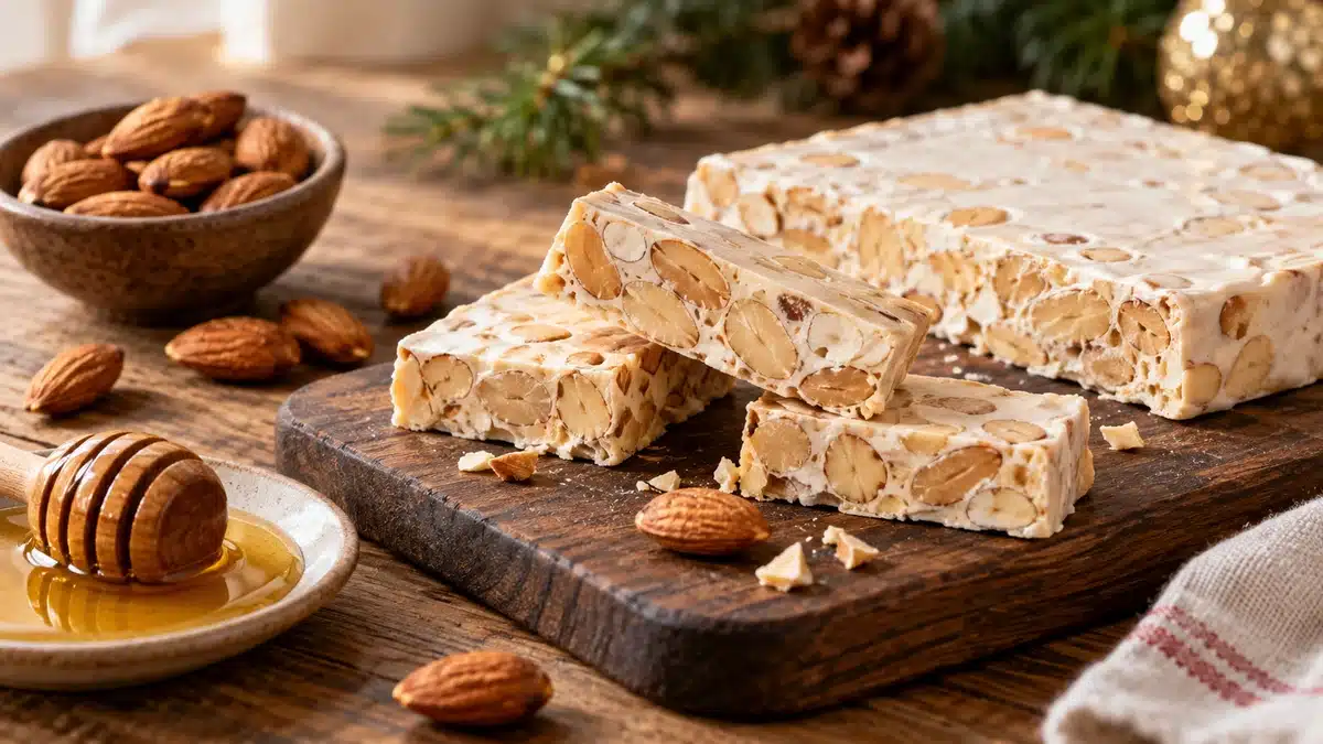 Morceaux de touron espagnol aux amandes servis sur une table