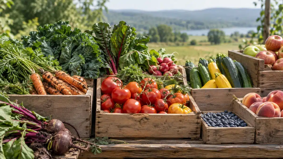 Fruits et légumes de saison présentés sur un étal de marché