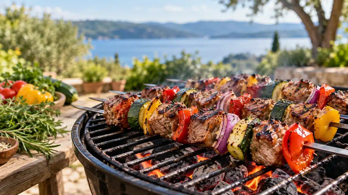 Brochettes de viande et de légumes en cuisson sur un barbecue