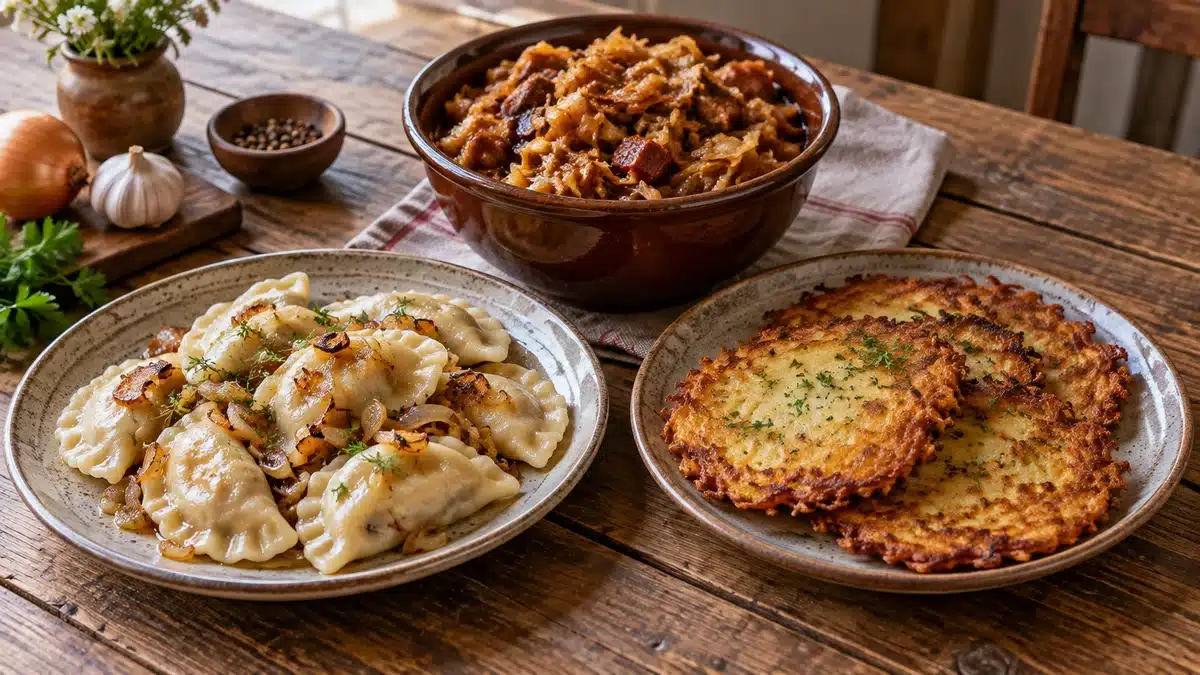 Assortiment de spécialités polonaises avec pierogi, ragoût et galettes de pommes de terre