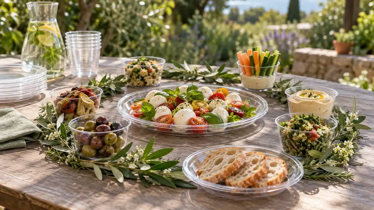 Buffet gastronomique servi dans de la vaisselle légère en extérieur