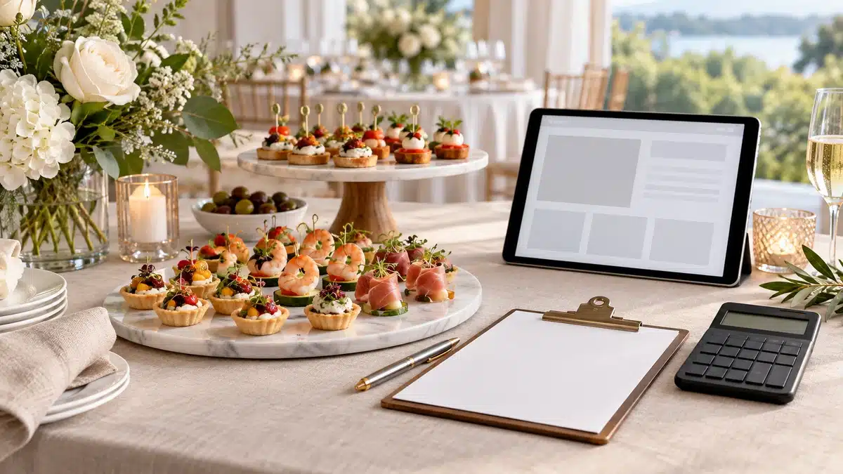 Préparation d’un devis traiteur sur une tablette à côté de plats de réception