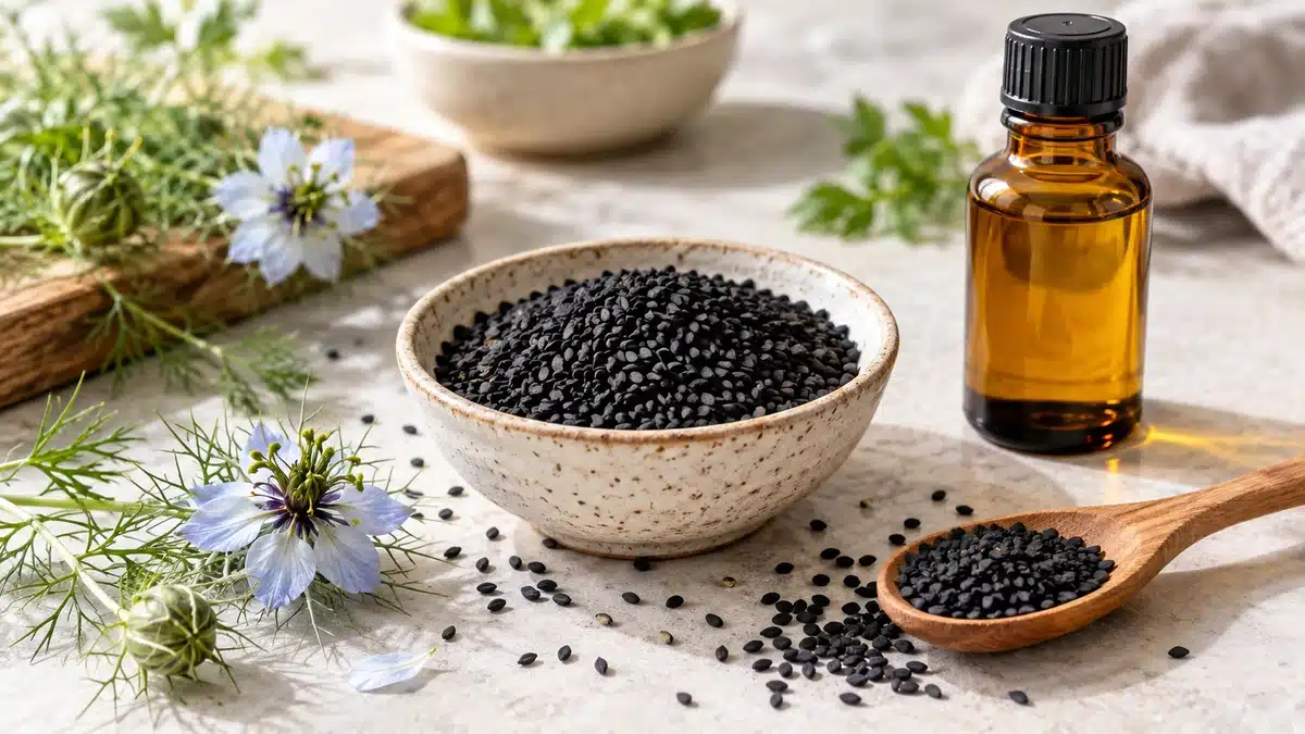 Graines de nigelle, fleurs et flacon d’huile sur une table de cuisine