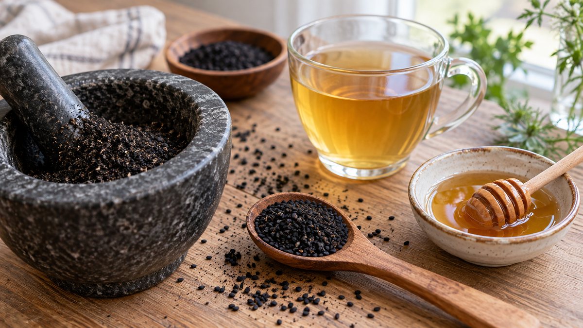 Nigelle moulue au mortier avec graines, infusion et miel