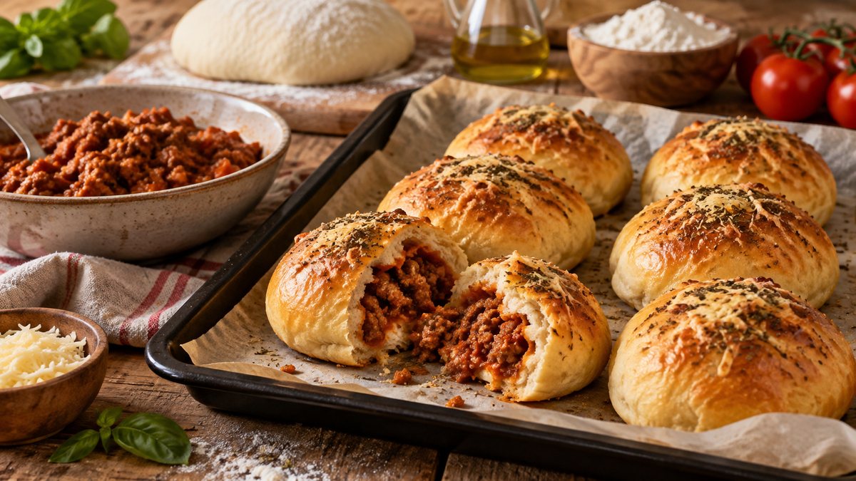 Buns salés sortant du four avec leur garniture bolognaise
