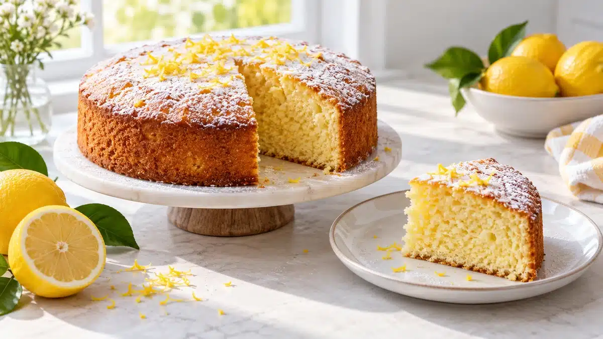 Gâteau moelleux au citron accompagné de citrons frais