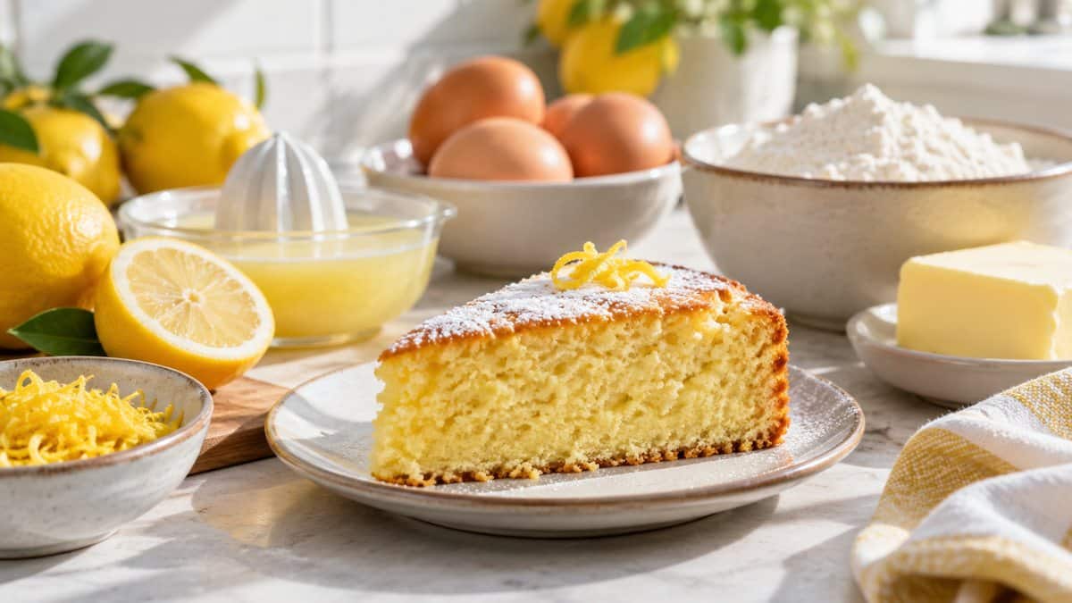 Part de gâteau au citron entourée des ingrédients de la recette