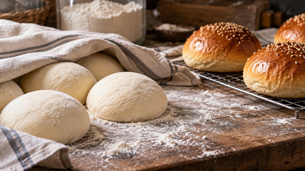 Boules de pâte levées à côté de petits pains à burger cuits