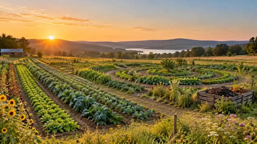 Cultures maraîchères biologiques et parcelles diversifiées au lever du soleil