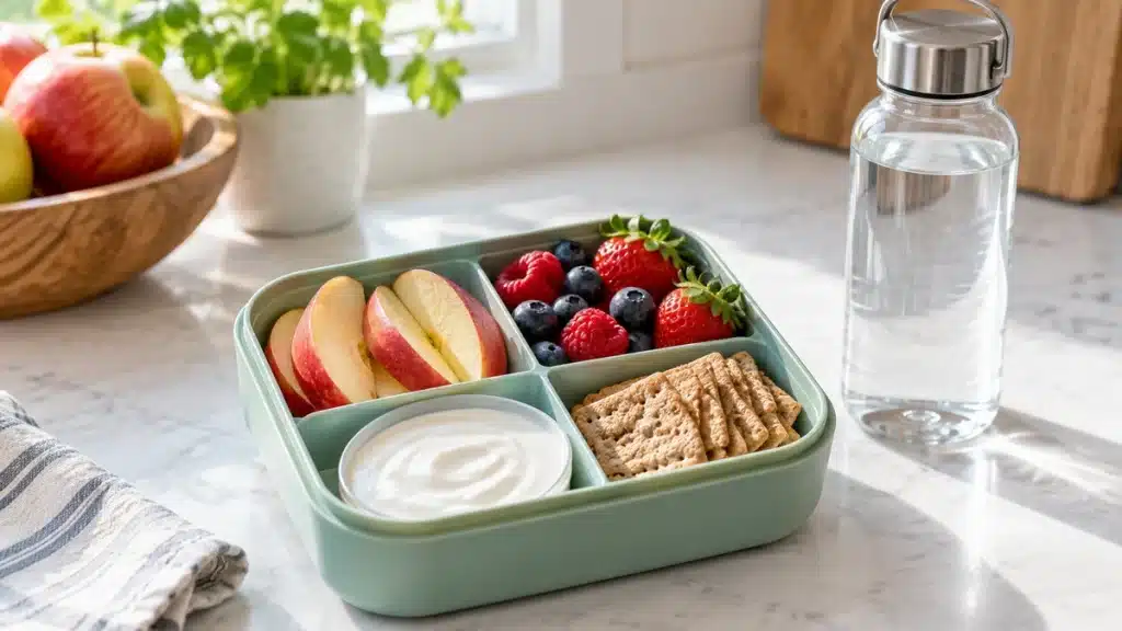 Collation équilibrée pour enfant avec fruits, yaourt et céréales