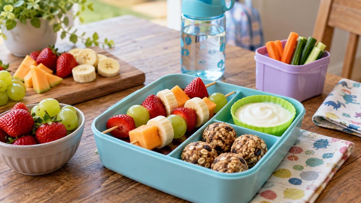 Collations maison pour enfant avec fruits, bouchées d’avoine et yaourt