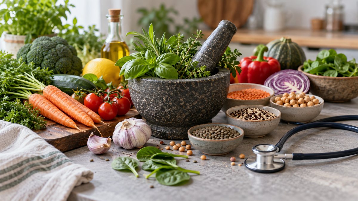 Aliments frais, mortier et stéthoscope pour évoquer la gastro-médecine