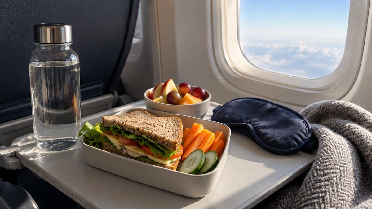 Repas léger, eau et masque de sommeil pour un voyage en avion