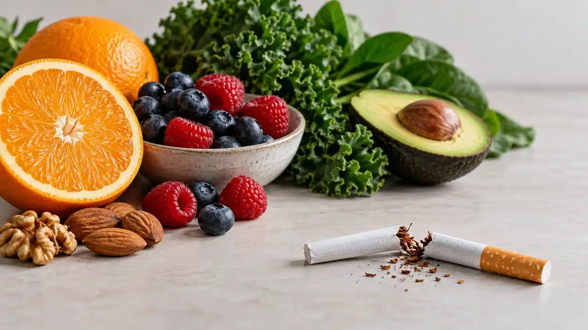 Aliments riches en antioxydants à côté d’une cigarette brisée