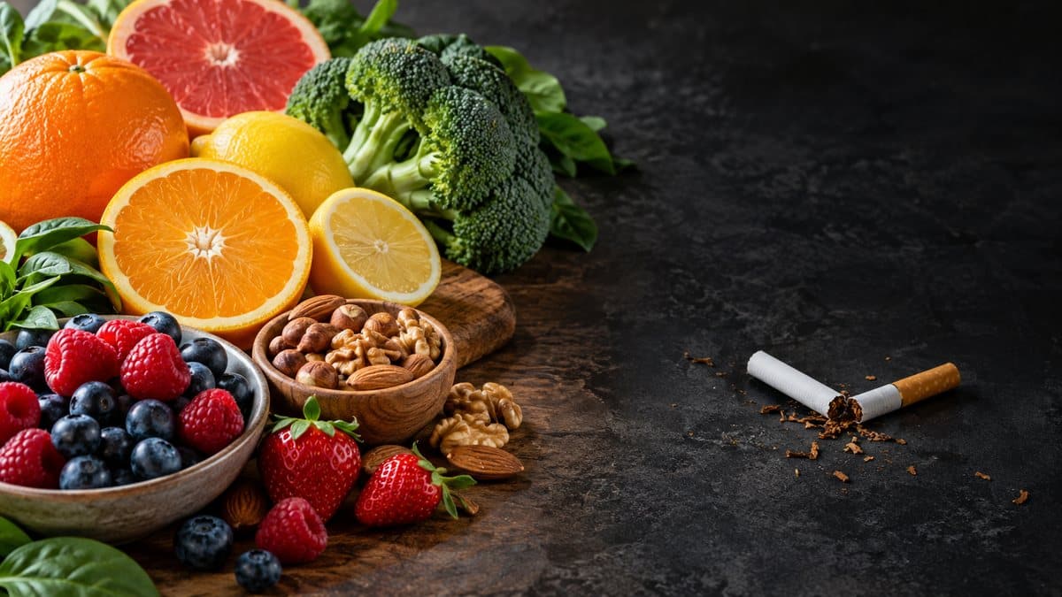 Aliments riches en antioxydants face à une cigarette brisée