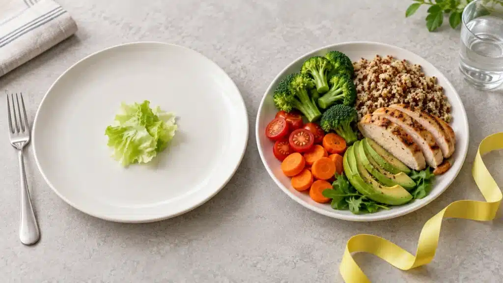 Comparaison entre une assiette restrictive et un repas équilibré