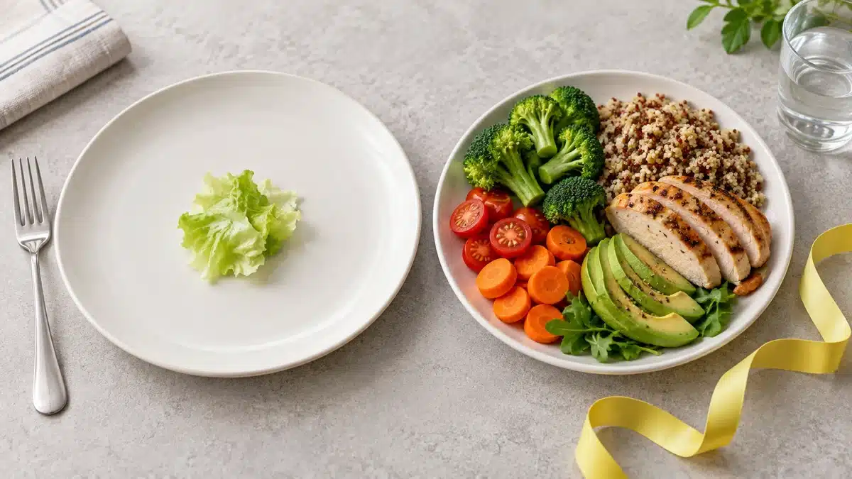 Comparaison entre une assiette restrictive et un repas équilibré