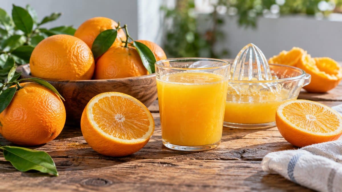 Oranges fraîches, presse-agrumes et verre de jus avec pulpe