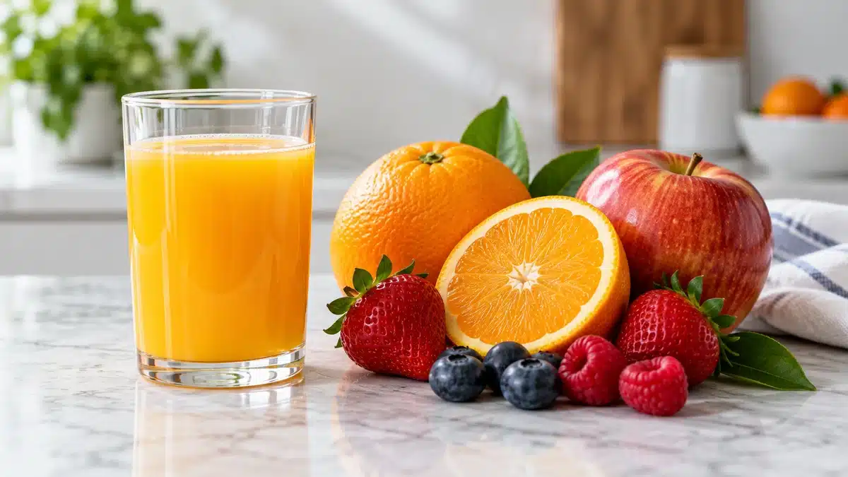 Verre de jus comparé à un assortiment de fruits frais