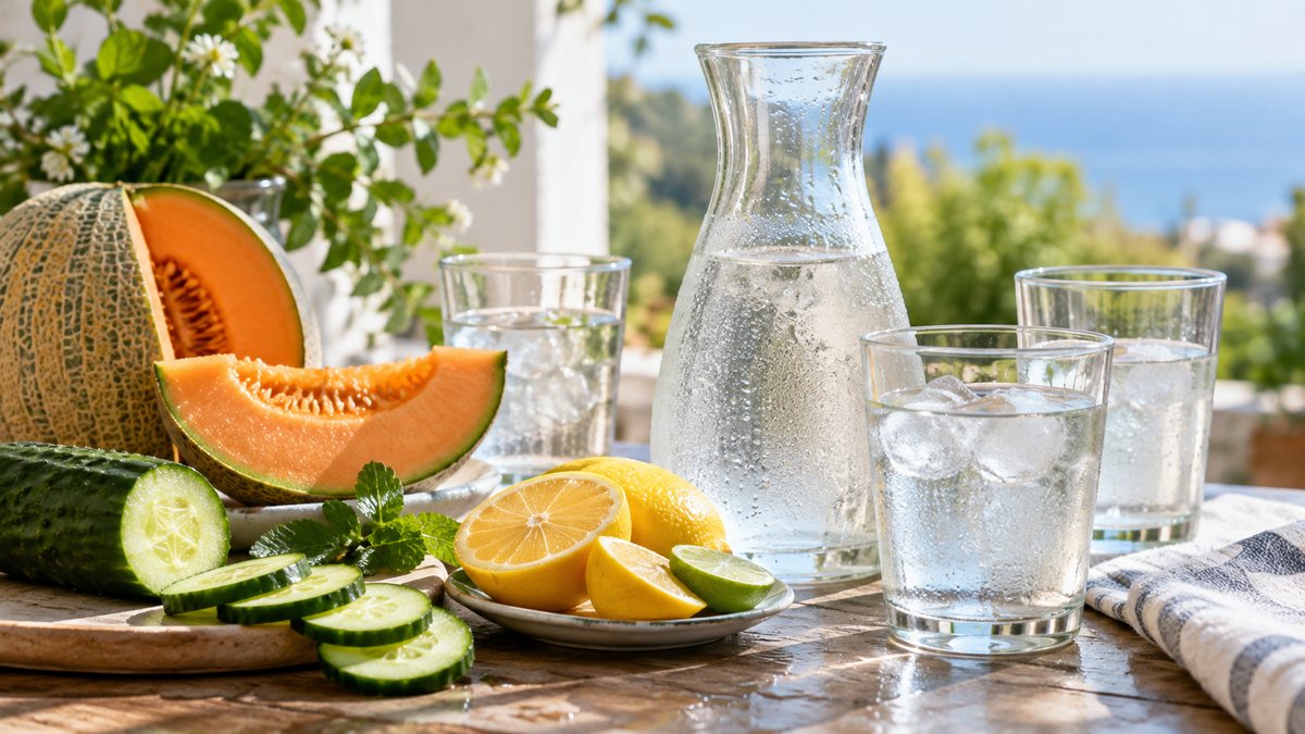 Aliments riches en eau autour d’une carafe et de plusieurs verres