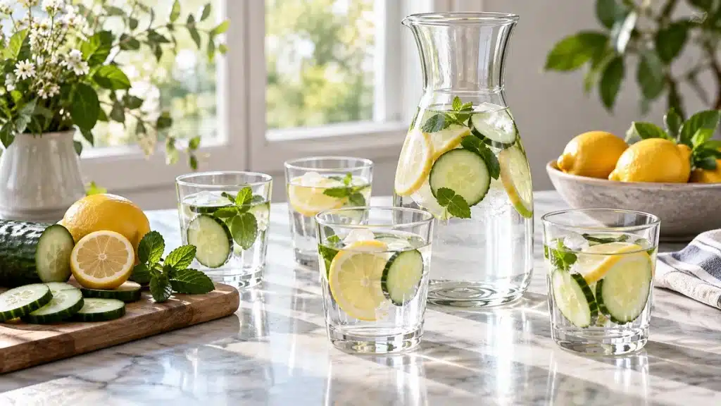 Carafe et verres d’eau pour illustrer l’hydratation quotidienne
