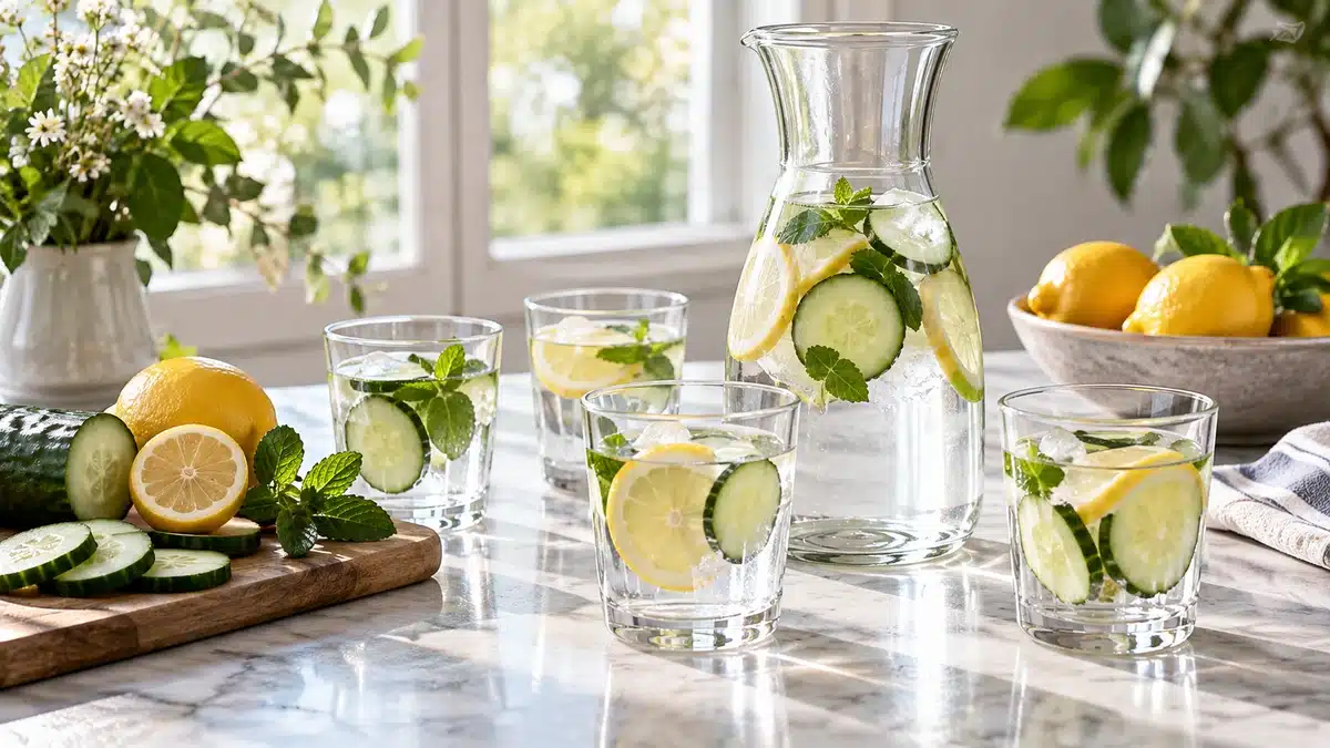 Carafe et verres d’eau pour illustrer l’hydratation quotidienne