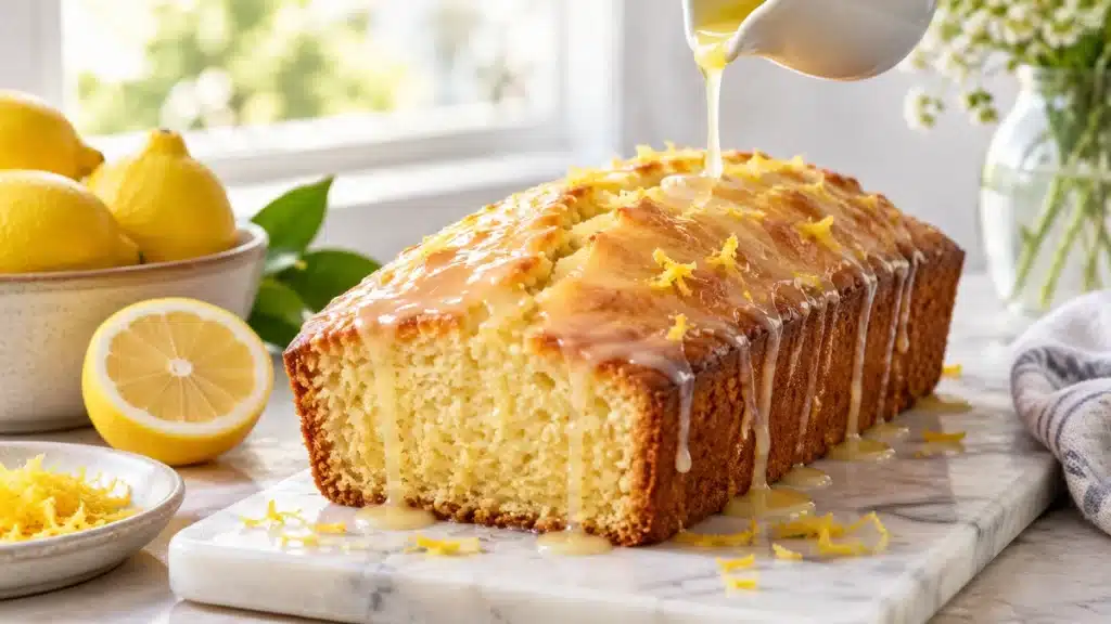 Cake au citron nappé d’un sirop brillant avec des citrons frais