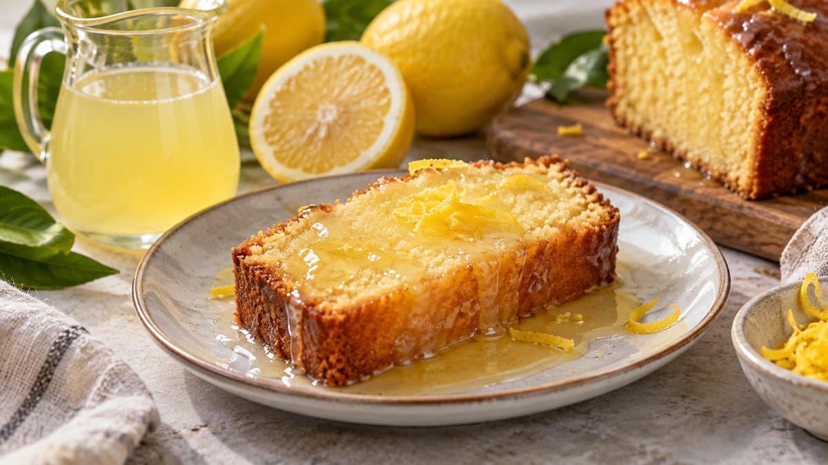 Tranche de cake au citron imbibée de sirop avec zestes frais