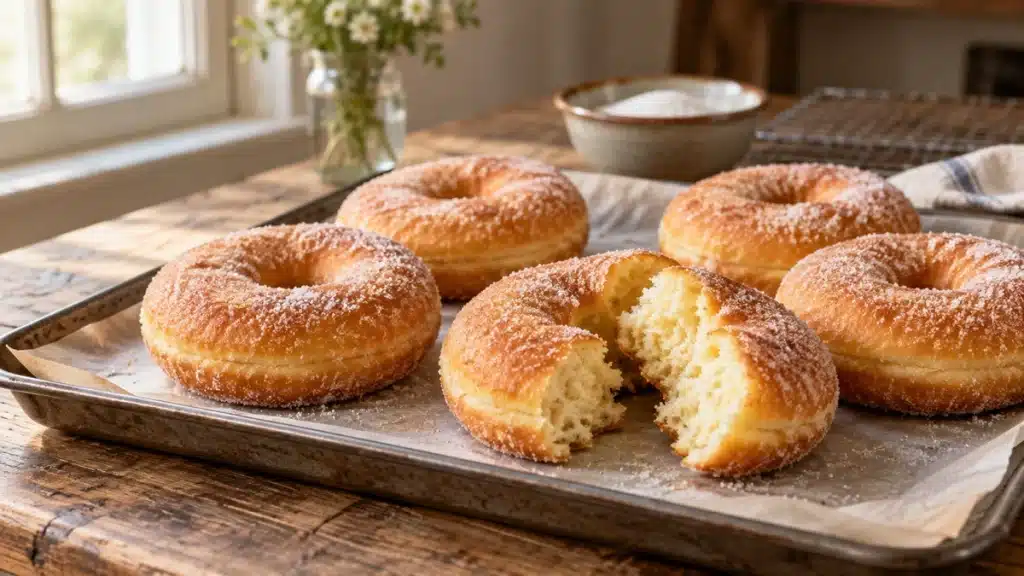 Beignets sucrés dorés cuits au four et servis sur une plaque