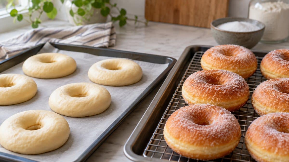Beignets avant et après cuisson au four sur deux plaques