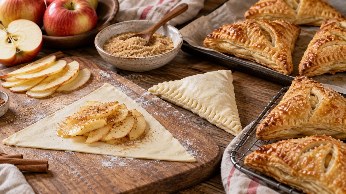 Préparation de chaussons aux pommes avec pâte, fruits et sucre de canne