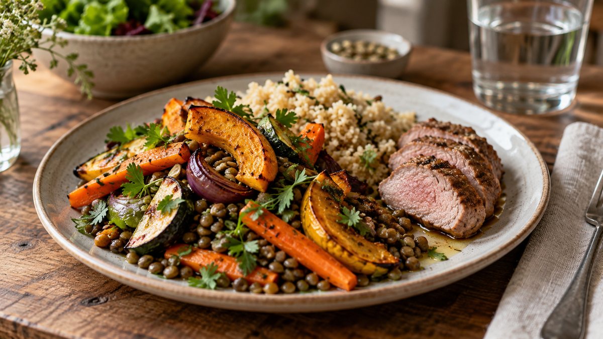 Assiette réductarienne riche en légumes avec une petite portion de viande