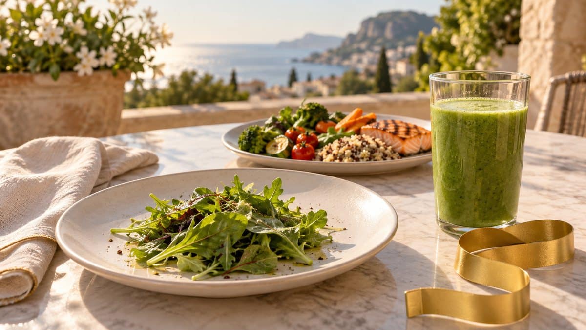 Table de régime glamour avec salade et repas équilibré en arrière-plan