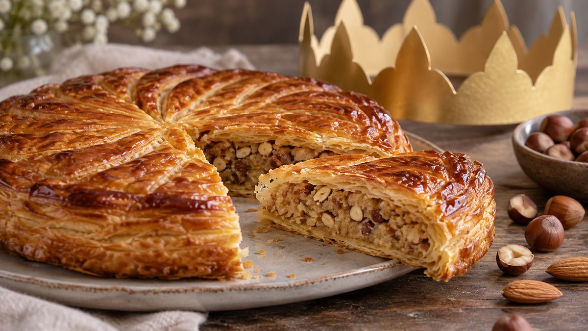 Galette des rois ouverte sur une frangipane au pralin