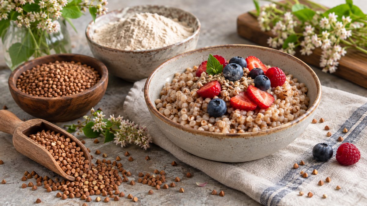 Porridge de sarrasin avec grains, farine et fleurs de sarrasin