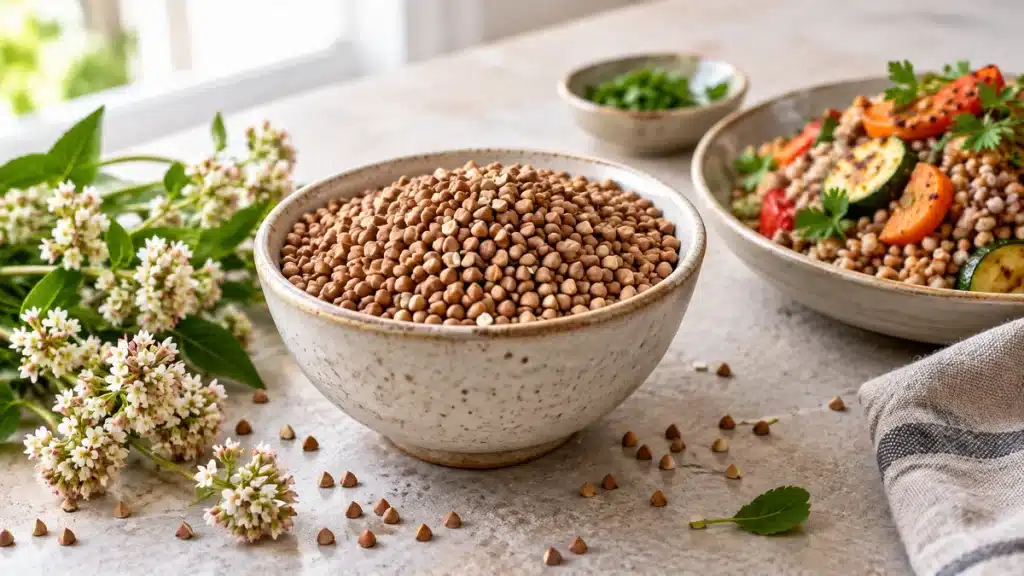 Graines et fleurs de sarrasin présentées dans une cuisine