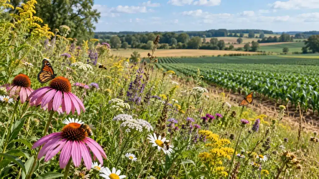 Champ cultivé bordé de fleurs accueillant abeilles et papillons