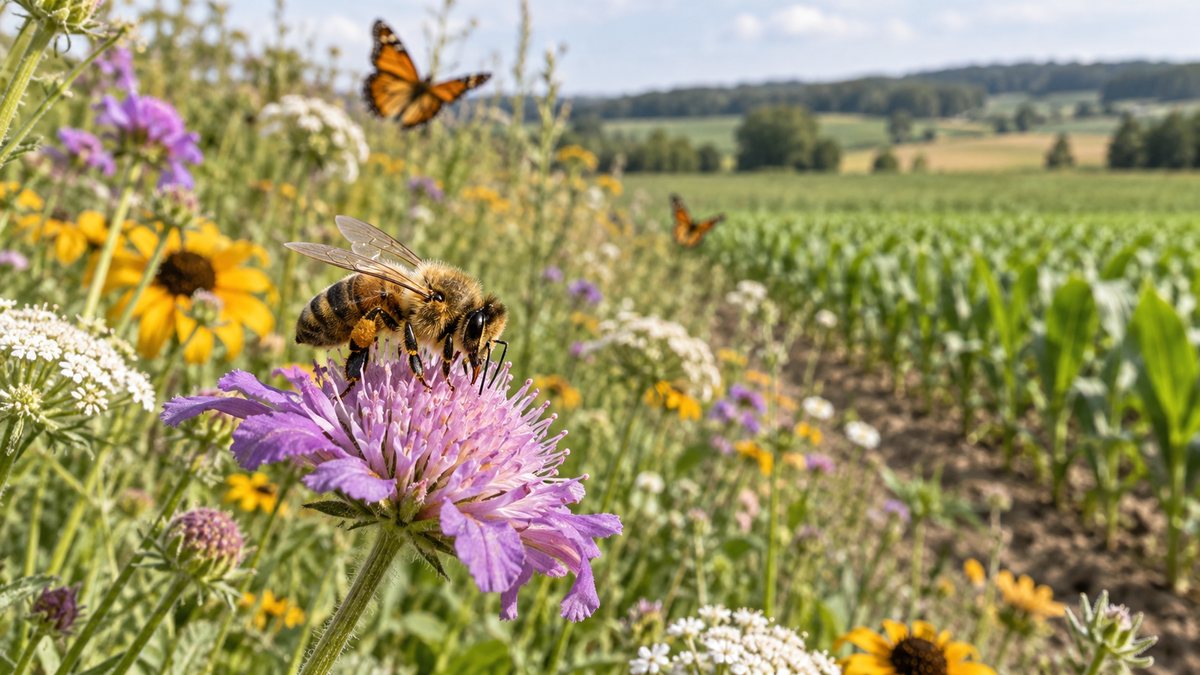 Abeille pollinisant des fleurs en bordure d’un champ cultivé